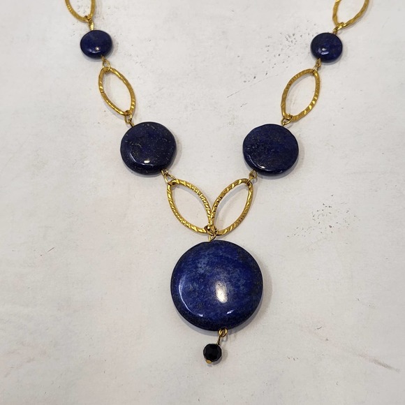 Lapis Lazuli Natural Stone Pendant Gold Tone Oval Chain Link Y Drop Necklace - Picture 4 of 6
